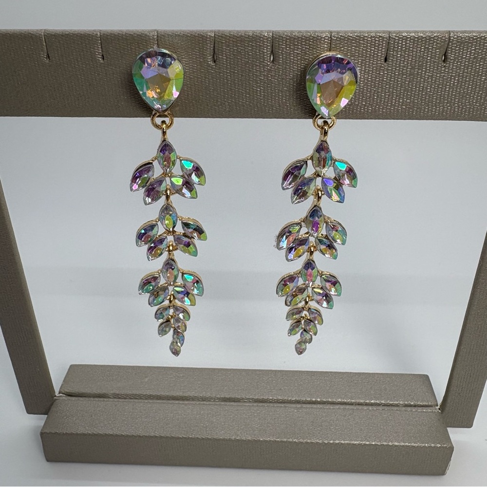 Long AB Crystal Rhinestone Dangle Leaf Pageant Party Earrings